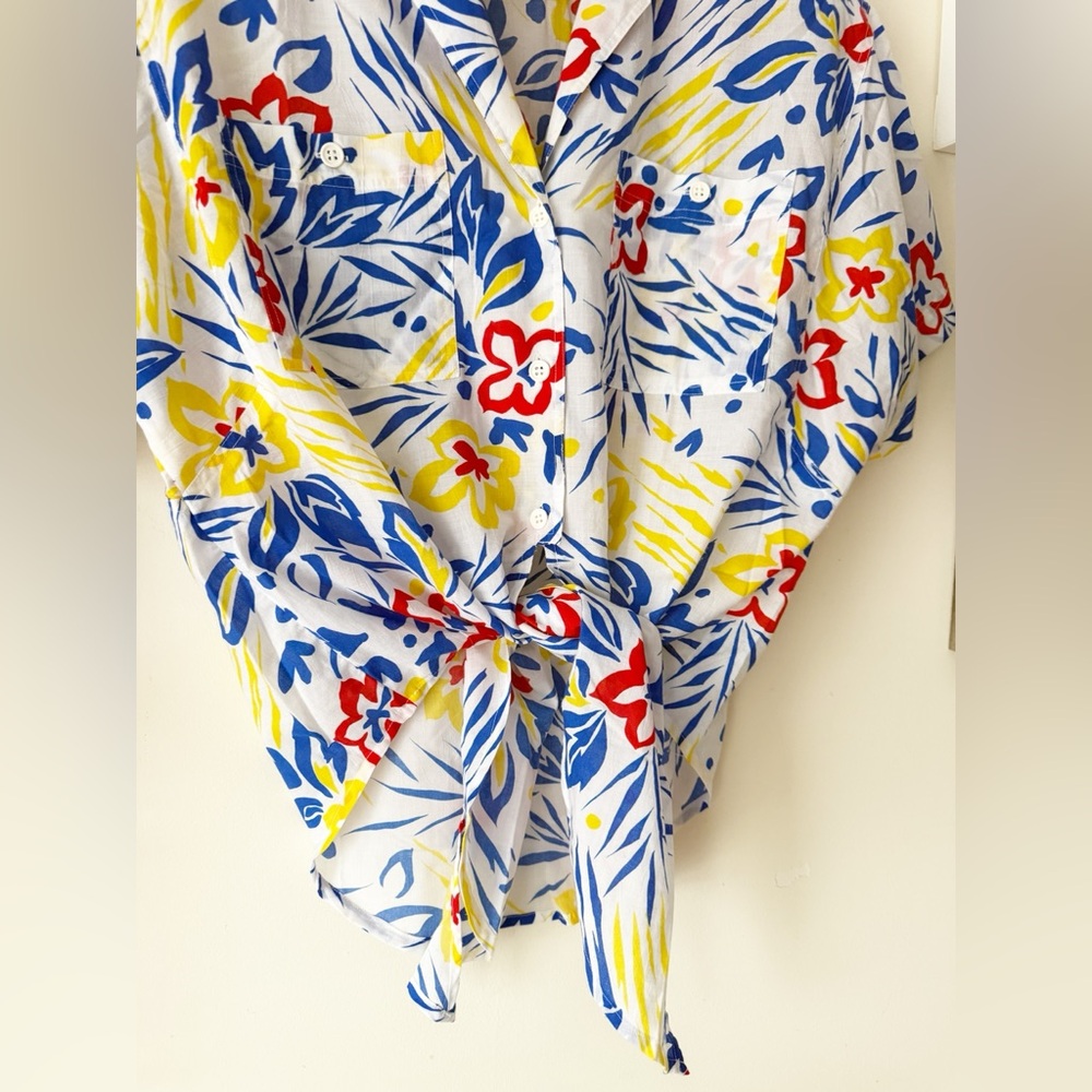 David Matthew Vtg 80s Resort Tropical Floral Button-Up Tie-Front Shirt Size 14 - Picture 11 of 13